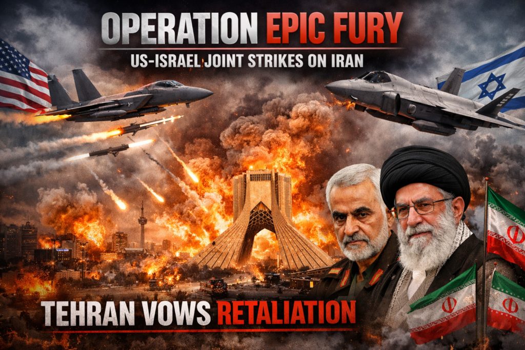 US and Israeli fighter jets in formation launching airstrikes on Tehran during Operation Epic Fury, with explosions illuminating the night sky over the Iranian capital.