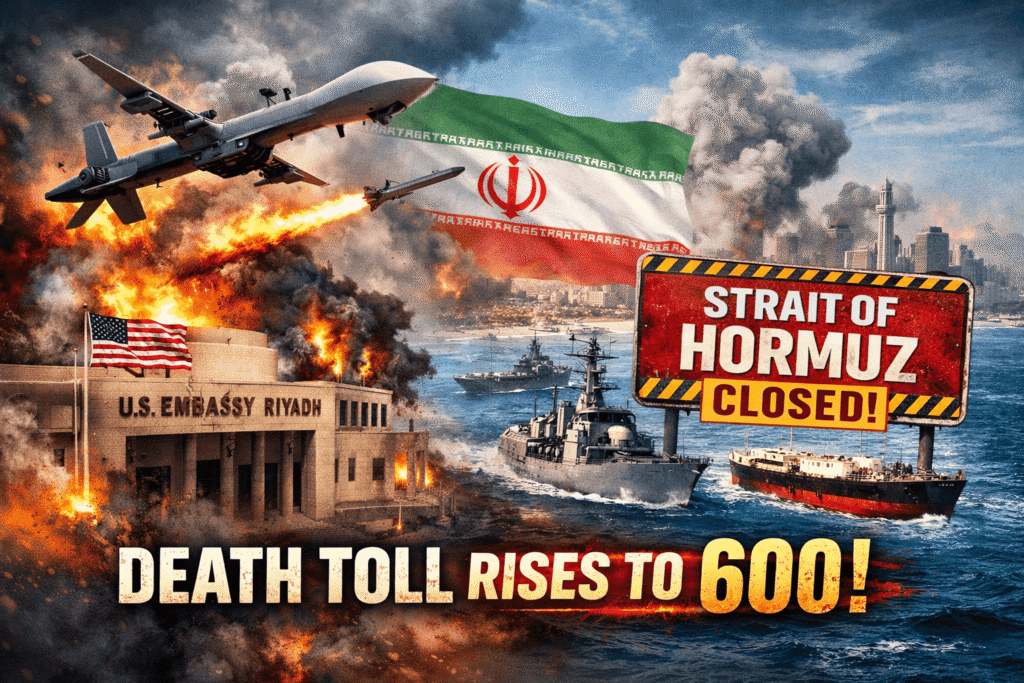 US Embassy Riyadh Drone Attack Iran Strait Hormuz Closed Death Toll 600: Tehran, Beirut Bombings Continue as Crisis Escalates US embassy Riyadh drone attack Iran Strait Hormuz closed death toll 600, riyadh us embassy attacked, iran drone strike saudi arabia, strait of hormuz closed, iran blocks oil shipping lane, tehran beirut bombing continues, iran lebanon death toll 600, us citizens evacuate middle east 14 countries, canada citizens leave dubai, middle east war latest, iran israel conflict updates, us state department advisory, us citizens middle east evacuation, canada uae evacuation, israel casualties 10 dead, qatar energy facilities attacked, qatar lng production suspended, oil prices spike, global markets crash, un security council emergency, gulf states on alert, saudi arabia embassy attack, iran drone strike riyadh, strait of hormuz shipping ban, iran oil blockade, tehran bombing today, beirut airstrikes, lebanon civilian deaths, iran school attack 148 children, minab tragedy, us israel iran war, world war 3 fears, middle east evacuation, international citizens trapped