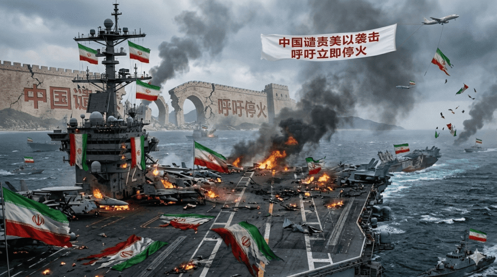 Chinese Foreign Minister Wang Yi delivering statement as China condemns US Israel attacks Iran, ceasefire call issued during phone conversation with Russian Foreign Minister Lavrov.