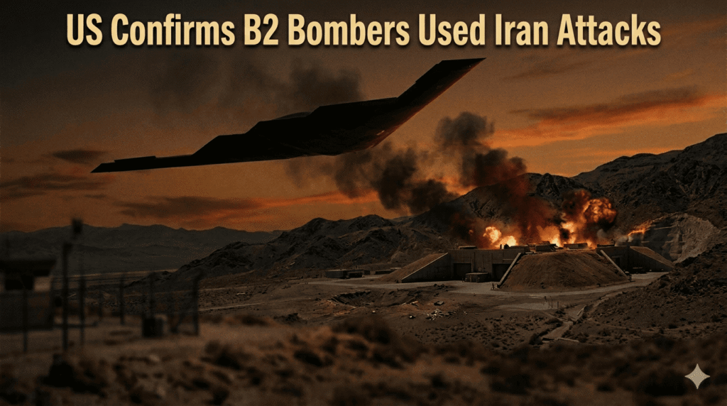 US Air Force B-2 Spirit stealth bomber in flight as US confirms B2 bombers used Iran attacks against ballistic missile facilities during joint operation with Israel.