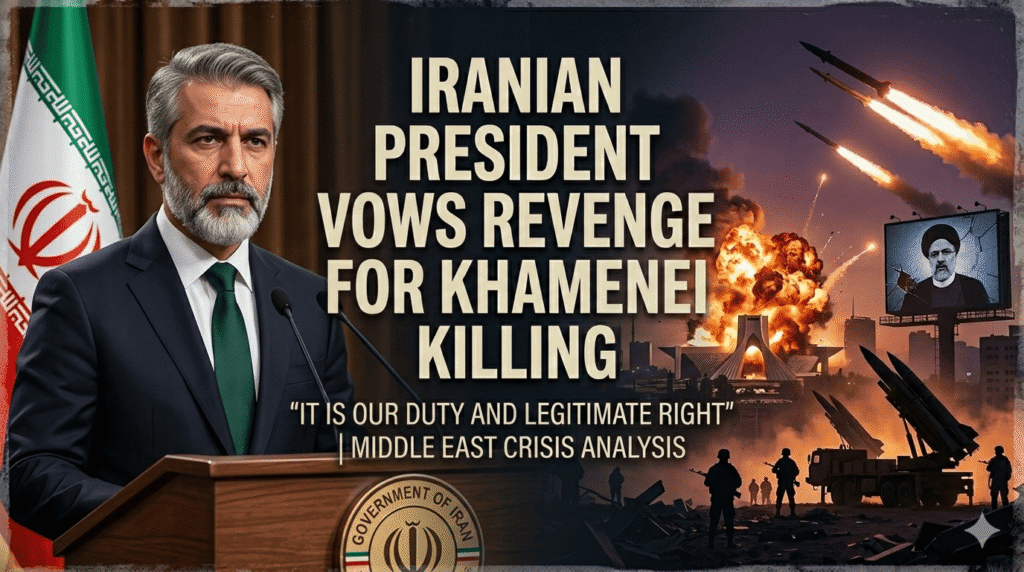 Iranian President Masoud Pezeshkian delivering emotional statement as iranian president vows revenge khamenei killing following Supreme Leader's assassination in US-Israel strike.